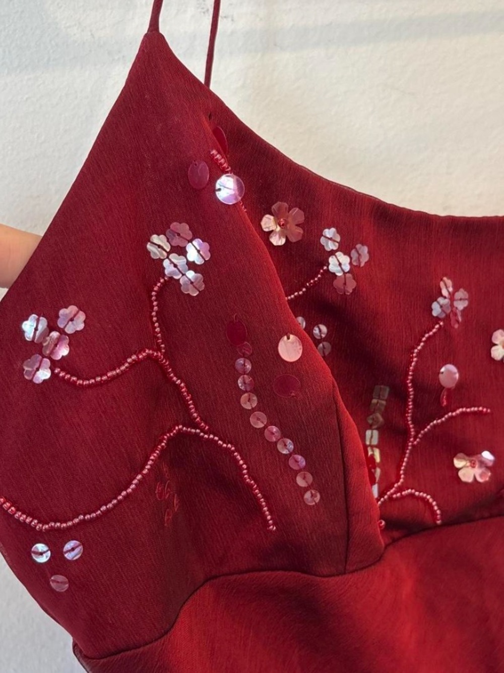 vintage express silk Y2K Burgundy beaded slip dress with sequin embellishments - Picture 6 of 7